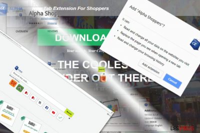 Das Bild zeigt die Erweiterung und die Startseite von AlphaShoppers