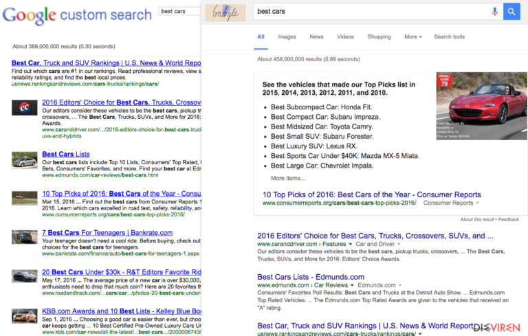 9o0gle.com search results compared with Google.com search results
