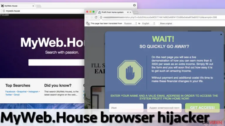 Example of MyWeb.House ads and the suspicious search engine