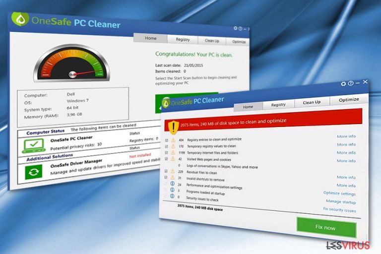Das Bild zeigt das Programm OneSafe PC Cleaner.
