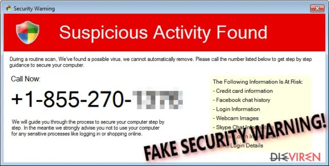 Security Warning (Fake) scam pop-up message