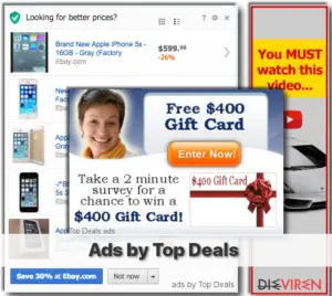 Top Deal adware shows various pop-up ads