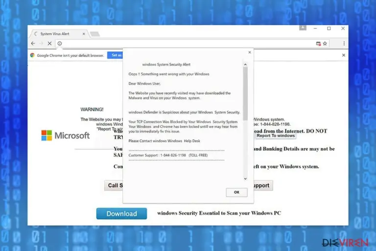 Screenshot of “Windows Security Alert” scam