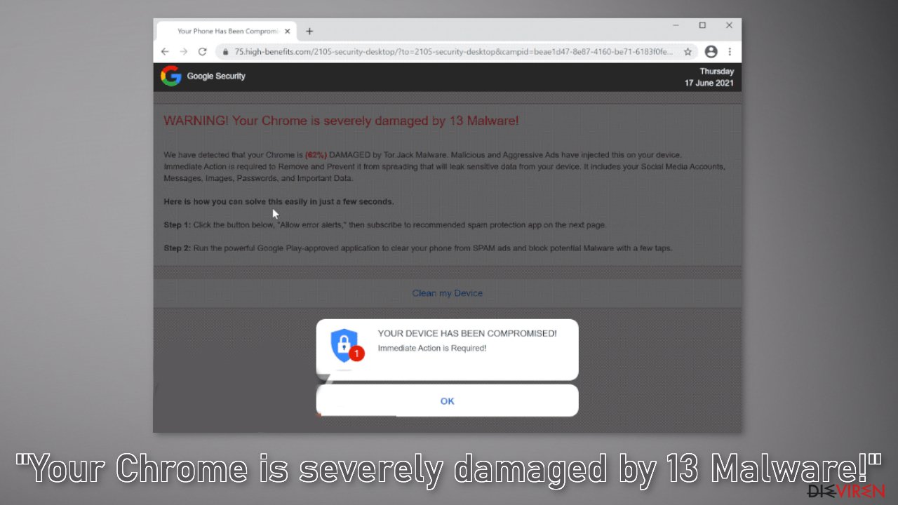„Your Chrome is severely damaged by 13 Malware!“ scam